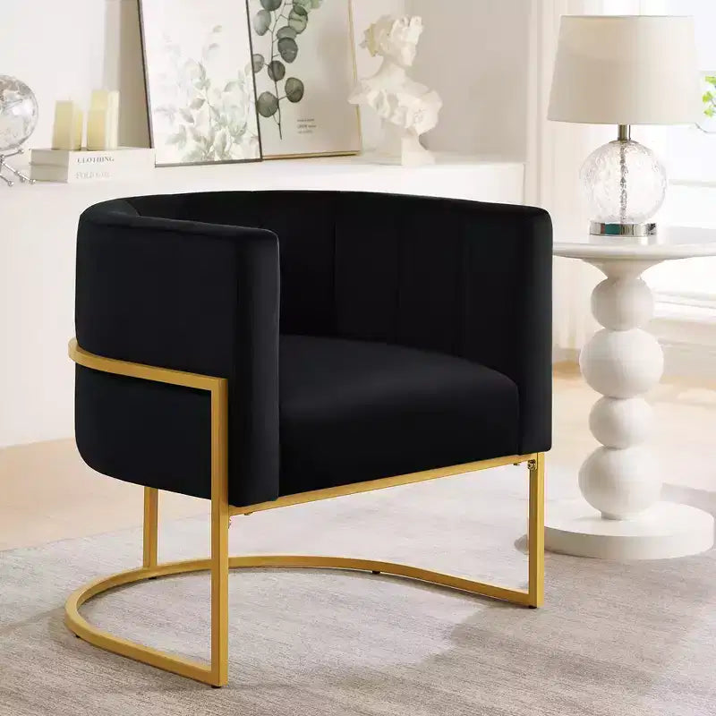 Velvet Accent Chair With Cushion, Golden Metal Stand, Curve Backrest Upholstered Vanity Chair, Home Leisure Chair