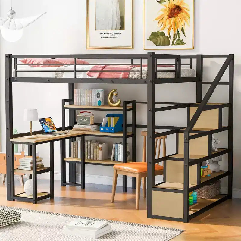 Bellemave Full Size Metal Loft Bed with Staircase, Built-In Desk & Shelves, Space-Saving Design, Sturdy Black Frame, No Box Spring Needed