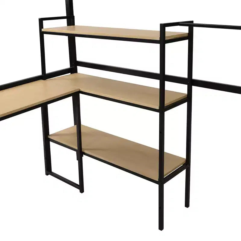 Letto a soppalco matrimoniale in metallo con scala, scrivania e mensole integrate, design salvaspazio, robusto telaio nero, non è necessaria la rete a molle