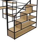 Letto a soppalco matrimoniale in metallo con scala, scrivania e mensole integrate, design salvaspazio, robusto telaio nero, non è necessaria la rete a molle