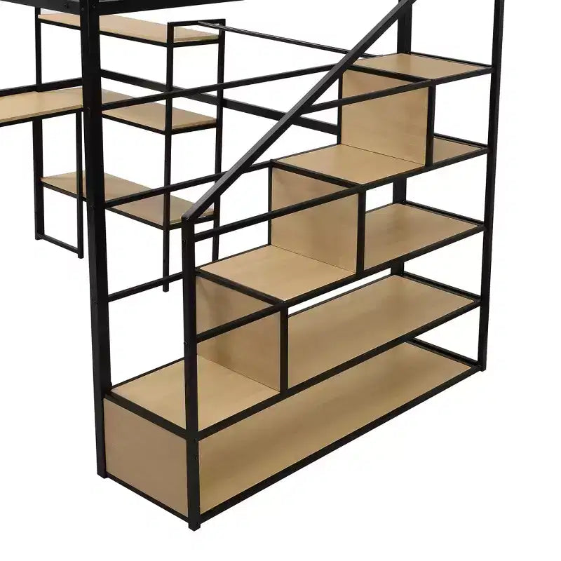 Letto a soppalco matrimoniale in metallo con scala, scrivania e mensole integrate, design salvaspazio, robusto telaio nero, non è necessaria la rete a molle