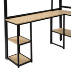 Letto a soppalco matrimoniale in metallo con scala, scrivania e mensole integrate, design salvaspazio, robusto telaio nero, non è necessaria la rete a molle