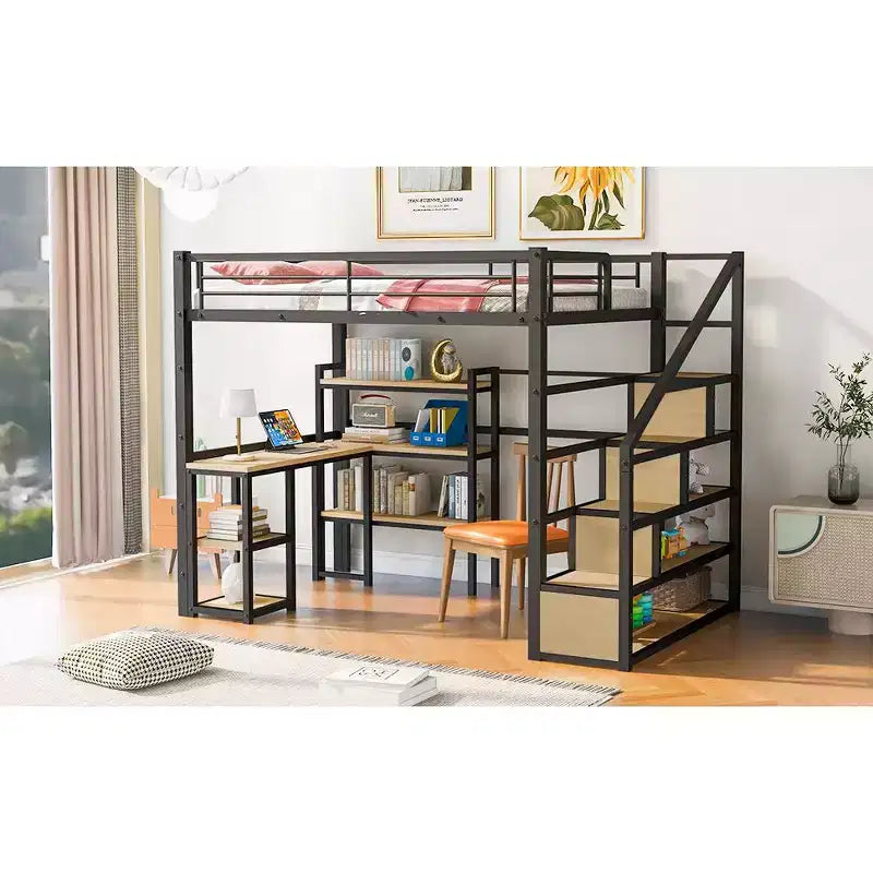 Letto a soppalco matrimoniale in metallo con scala, scrivania e mensole integrate, design salvaspazio, robusto telaio nero, non è necessaria la rete a molle
