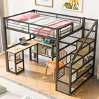 Letto a soppalco matrimoniale in metallo con scala, scrivania e mensole integrate, design salvaspazio, robusto telaio nero, non è necessaria la rete a molle