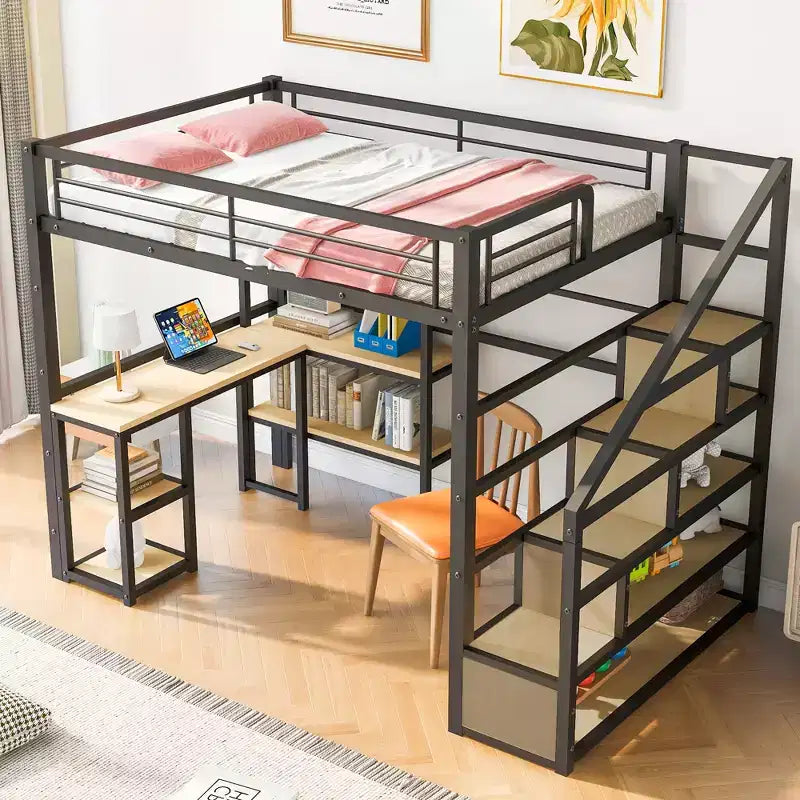 Letto a soppalco matrimoniale in metallo con scala, scrivania e mensole integrate, design salvaspazio, robusto telaio nero, non è necessaria la rete a molle