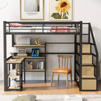 Letto a soppalco matrimoniale in metallo con scala, scrivania e mensole integrate, design salvaspazio, robusto telaio nero, non è necessaria la rete a molle