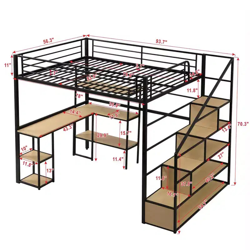Letto a soppalco matrimoniale in metallo con scala, scrivania e mensole integrate, design salvaspazio, robusto telaio nero, non è necessaria la rete a molle