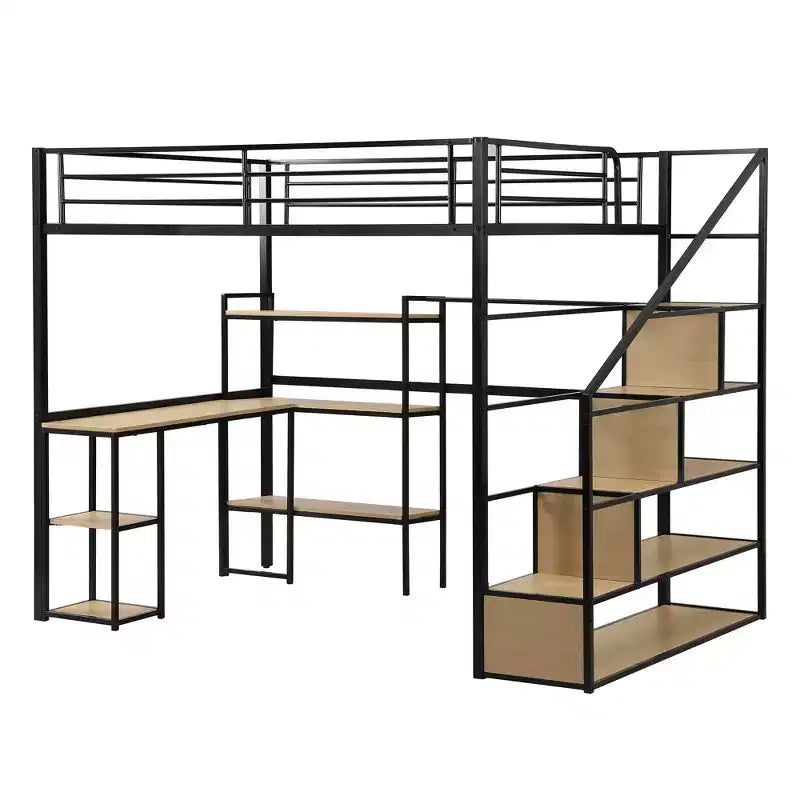 Letto a soppalco matrimoniale in metallo con scala, scrivania e mensole integrate, design salvaspazio, robusto telaio nero, non è necessaria la rete a molle