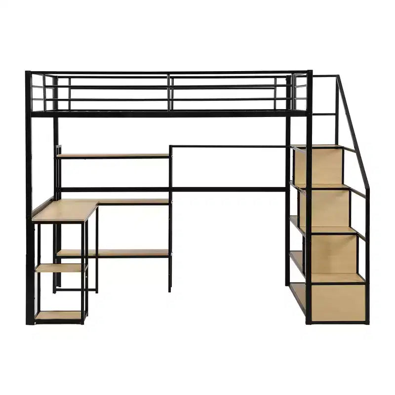 Letto a soppalco matrimoniale in metallo con scala, scrivania e mensole integrate, design salvaspazio, robusto telaio nero, non è necessaria la rete a molle