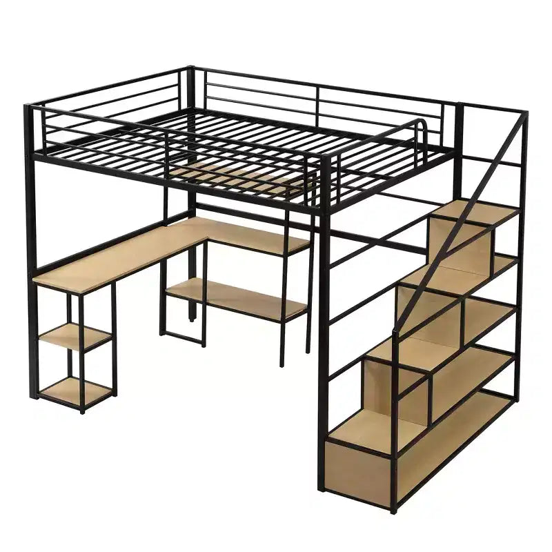 Letto a soppalco matrimoniale in metallo con scala, scrivania e mensole integrate, design salvaspazio, robusto telaio nero, non è necessaria la rete a molle