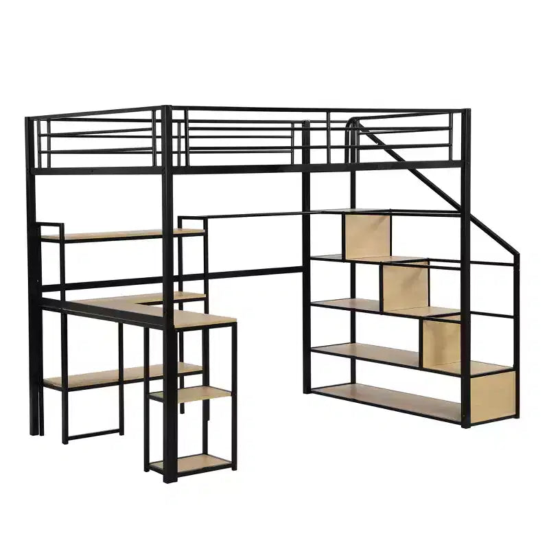 Letto a soppalco matrimoniale in metallo con scala, scrivania e mensole integrate, design salvaspazio, robusto telaio nero, non è necessaria la rete a molle