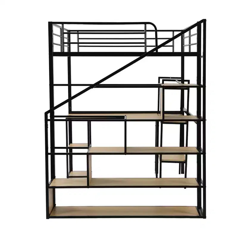 Letto a soppalco matrimoniale in metallo con scala, scrivania e mensole integrate, design salvaspazio, robusto telaio nero, non è necessaria la rete a molle