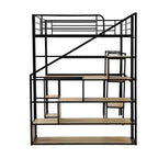 Letto a soppalco matrimoniale in metallo con scala, scrivania e mensole integrate, design salvaspazio, robusto telaio nero, non è necessaria la rete a molle