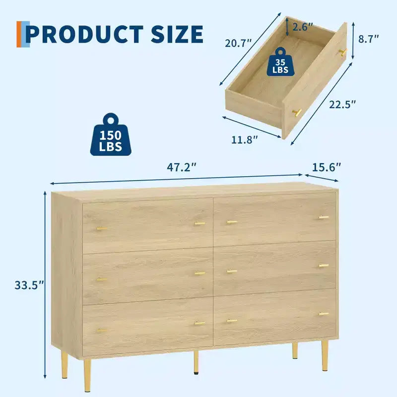 Cassettiera a 6 cassetti per camera da letto, comò in legno da 47W con maniglie a barra, organizer per vestiti, mobile TV per soggiorno