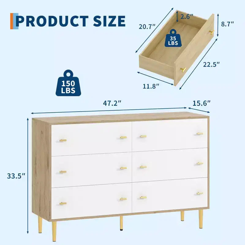 Cassettiera a 6 cassetti per camera da letto, comò in legno da 47W con maniglie a barra, organizer per vestiti, mobile TV per soggiorno