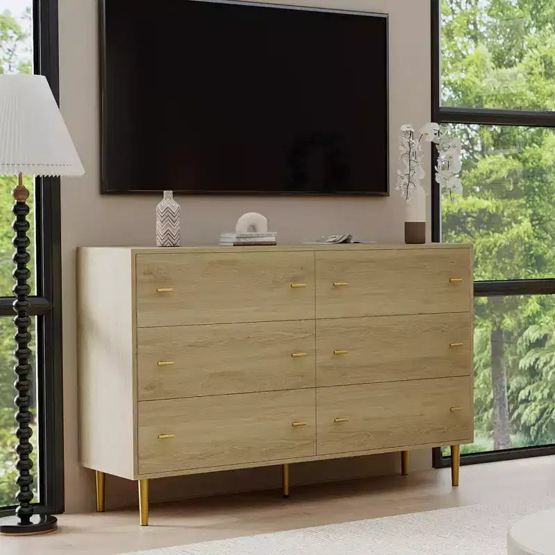 6 Drawer Dresser for Bedroom, 47W Wood Chest of Drawers with Bar Handles, Clothes Storage Organizer, Dresser TV Stand for Living Room