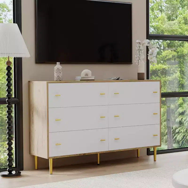 Cassettiera a 6 cassetti per camera da letto, comò in legno da 47W con maniglie a barra, organizer per vestiti, mobile TV per soggiorno