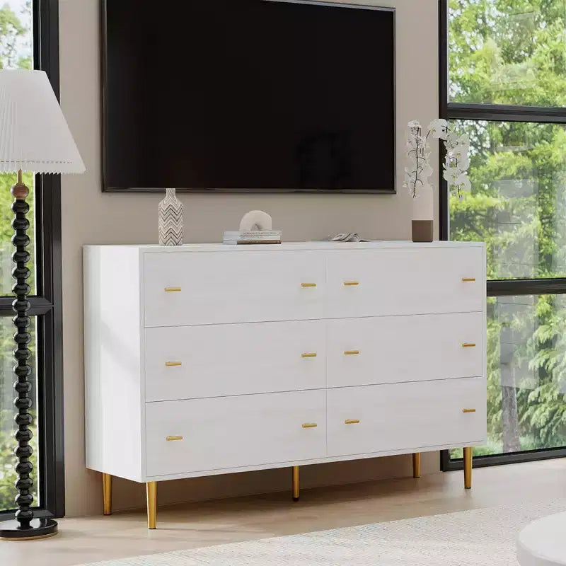 Cassettiera a 6 cassetti per camera da letto, comò in legno da 47W con maniglie a barra, organizer per vestiti, mobile TV per soggiorno