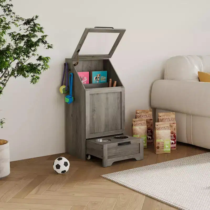 Stazione pappa per cani con 2 ciotole rialzate, mobile per cibo per animali domestici, mobiletto porta cibo per cani con coperchio a ribalta, ampio organizer porta giochi per animali con 3 ganci