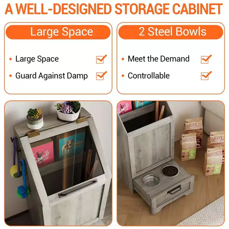 Stazione pappa per cani con 2 ciotole rialzate, mobile per cibo per animali domestici, mobiletto porta cibo per cani con coperchio a ribalta, ampio organizer porta giochi per animali con 3 ganci