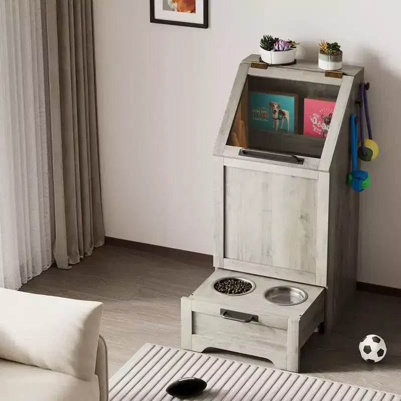 Stazione pappa per cani con 2 ciotole rialzate, mobile per cibo per animali domestici, mobiletto porta cibo per cani con coperchio a ribalta, ampio organizer porta giochi per animali con 3 ganci