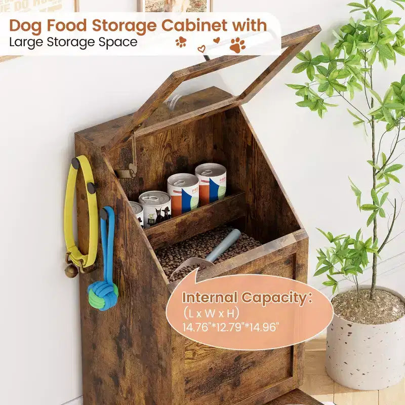 Stazione pappa per cani con 2 ciotole rialzate, mobile per cibo per animali domestici, mobiletto porta cibo per cani con coperchio a ribalta, ampio organizer porta giochi per animali con 3 ganci