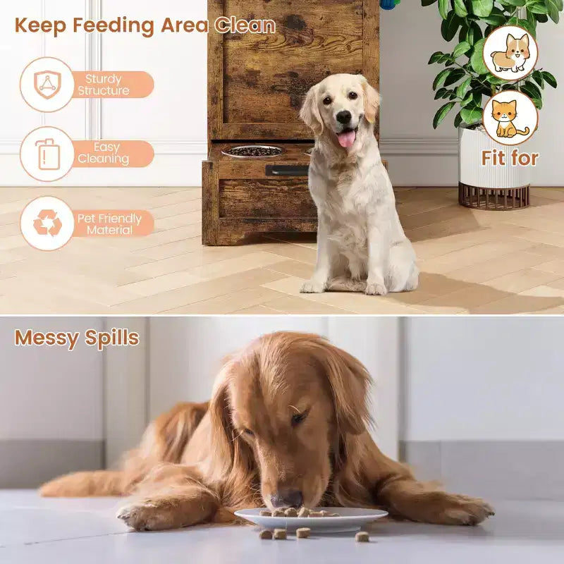 Stazione pappa per cani con 2 ciotole rialzate, mobile per cibo per animali domestici, mobiletto porta cibo per cani con coperchio a ribalta, ampio organizer porta giochi per animali con 3 ganci
