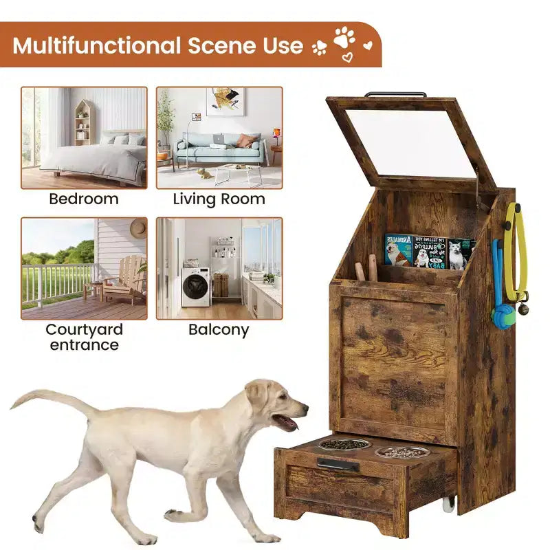 Stazione pappa per cani con 2 ciotole rialzate, mobile per cibo per animali domestici, mobiletto porta cibo per cani con coperchio a ribalta, ampio organizer porta giochi per animali con 3 ganci
