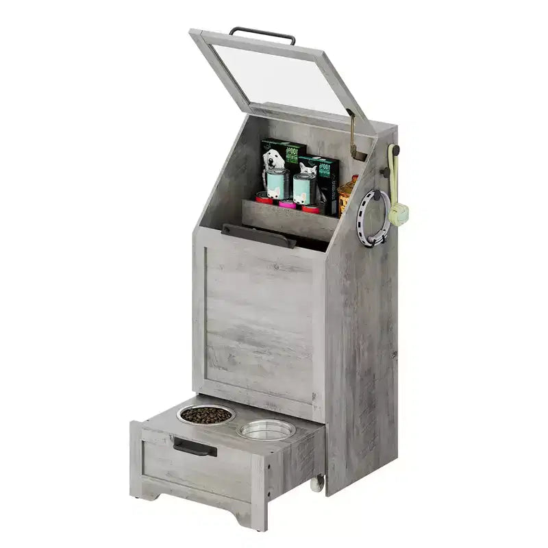 Stazione pappa per cani con 2 ciotole rialzate, mobile per cibo per animali domestici, mobiletto porta cibo per cani con coperchio a ribalta, ampio organizer porta giochi per animali con 3 ganci