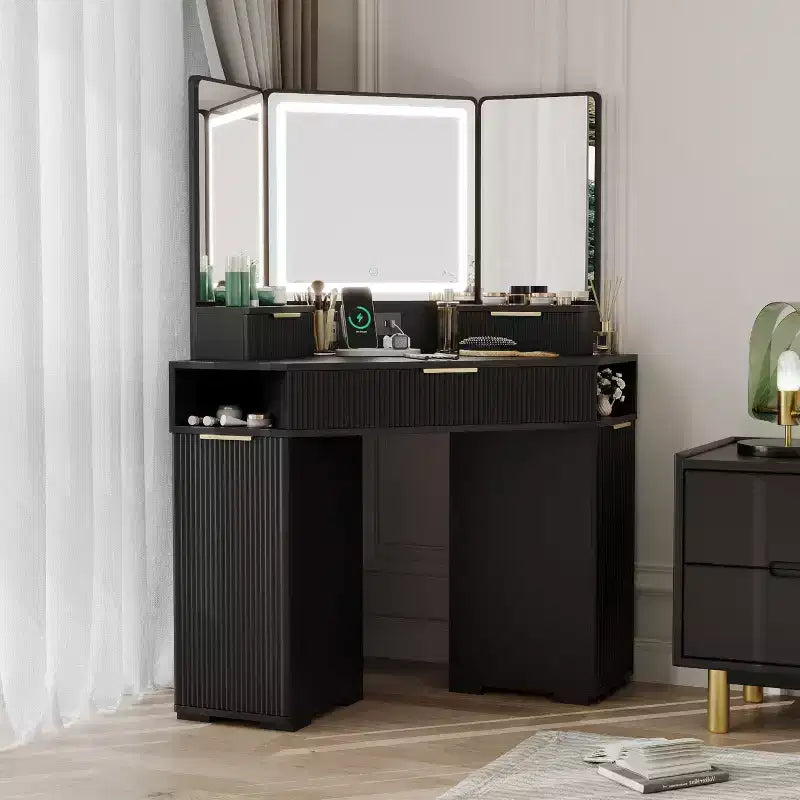 Scrivania angolare da trucco da 53" con specchio e luci, tavolo da trucco scanalato con cassetti, armadietti e stazione di ricarica