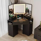 COZONY 53 Corner Vanity Desk with Mirror & Lights, Fluted Makeup Table with Drawers, Storage Cabinets & Charging Station for Bedroom