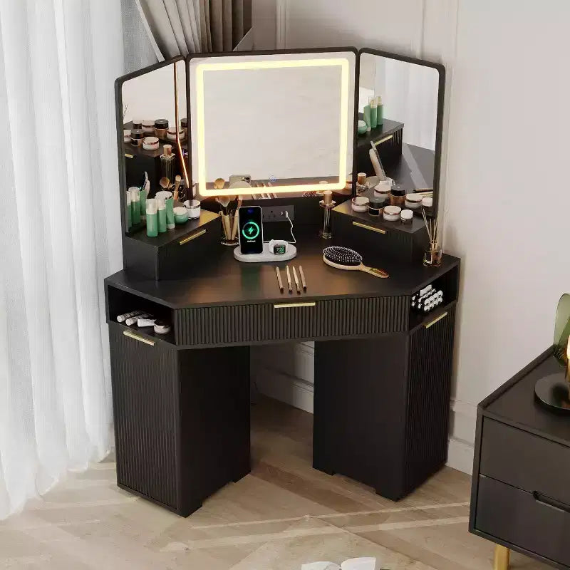 COZONY 53 Corner Vanity Desk with Mirror & Lights, Fluted Makeup Table with Drawers, Storage Cabinets & Charging Station for Bedroom