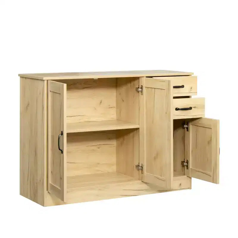 Credenza moderna in legno da 43,3", mobile contenitore con 2 ante, 2 cassetti, ripiano rimovibile, finitura rovere