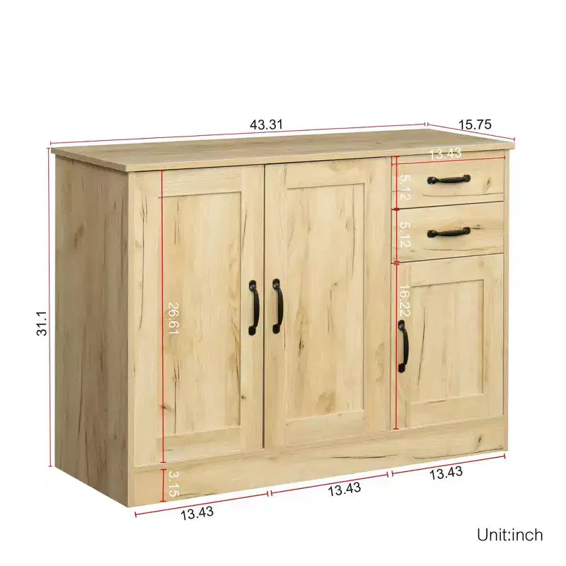 Credenza moderna in legno da 43,3", mobile contenitore con 2 ante, 2 cassetti, ripiano rimovibile, finitura rovere