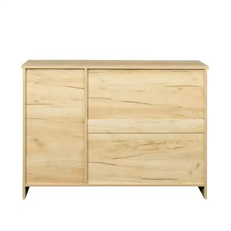 Credenza moderna in legno da 43,3", mobile contenitore con 2 ante, 2 cassetti, ripiano rimovibile, finitura rovere