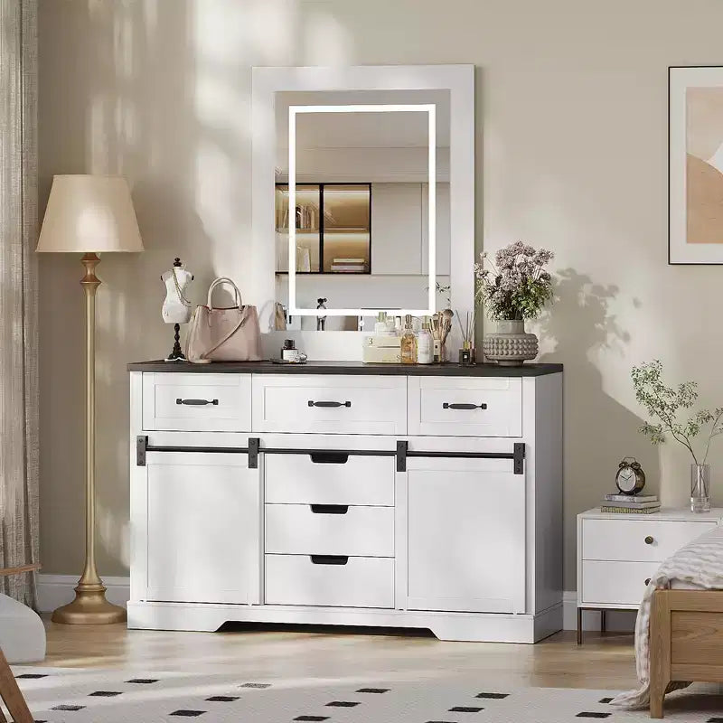 COZONY 47.2 Farmhouse Dresser, 6 Drawer Chest with Sliding Barn Doors, White