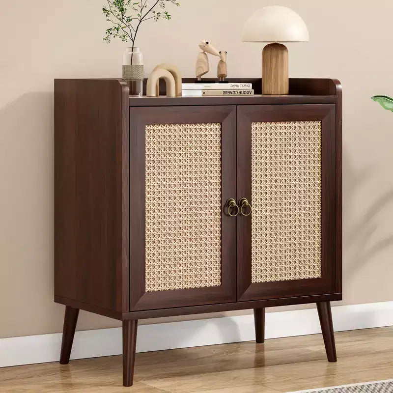 Mobile credenza per buffet, credenza da cucina con ante in rattan e striscia deflettore sul piano