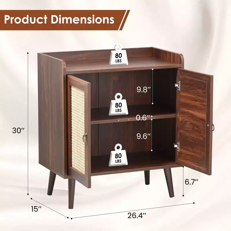 Mobile credenza per buffet, credenza da cucina con ante in rattan e striscia deflettore sul piano