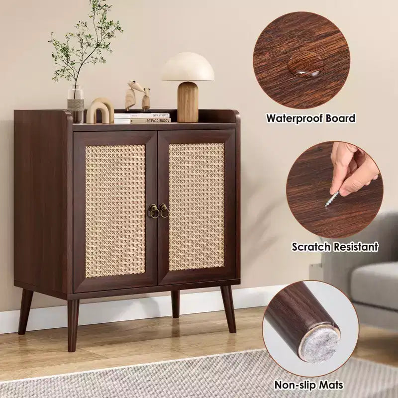 Mobile credenza per buffet, credenza da cucina con ante in rattan e striscia deflettore sul piano