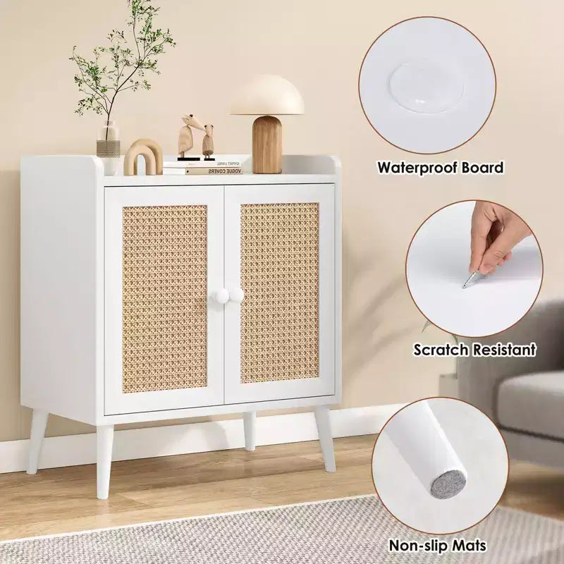 Mobile credenza per buffet, credenza da cucina con ante in rattan e striscia deflettore sul piano