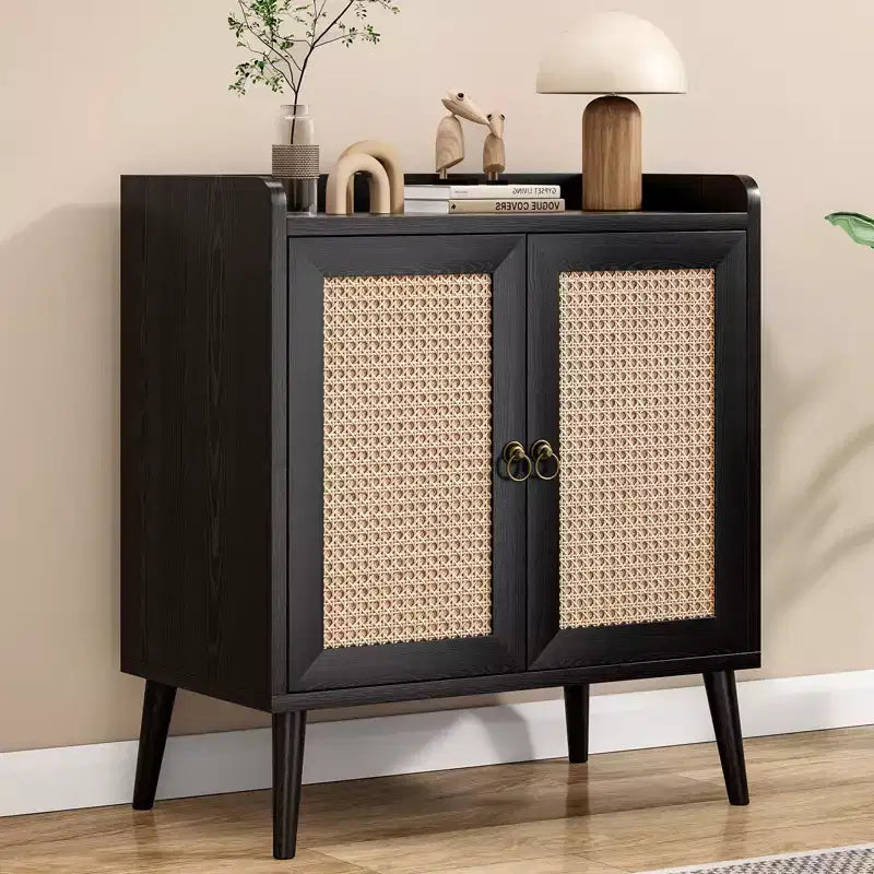 Mobile credenza per buffet, credenza da cucina con ante in rattan e striscia deflettore sul piano