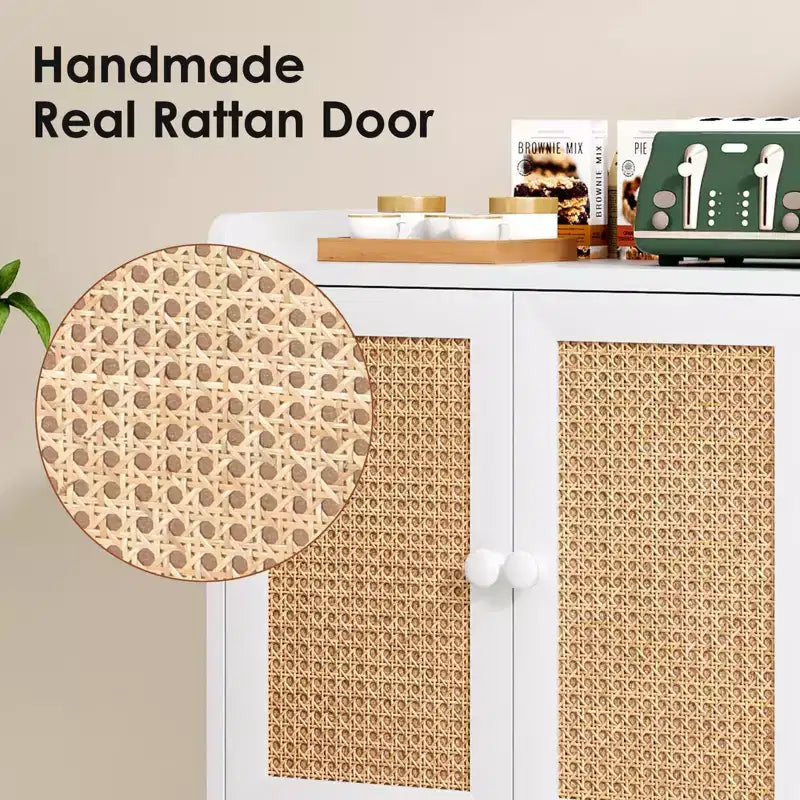 Mobile credenza per buffet, credenza da cucina con ante in rattan e striscia deflettore sul piano