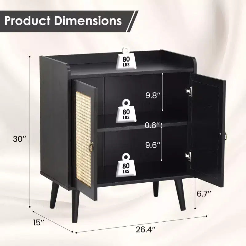 Mobile credenza per buffet, credenza da cucina con ante in rattan e striscia deflettore sul piano