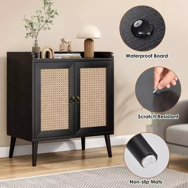 Mobile credenza per buffet, credenza da cucina con ante in rattan e striscia deflettore sul piano