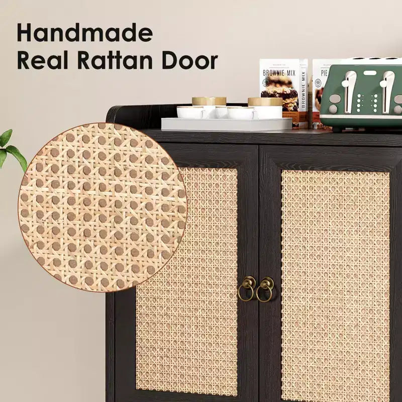 Mobile credenza per buffet, credenza da cucina con ante in rattan e striscia deflettore sul piano