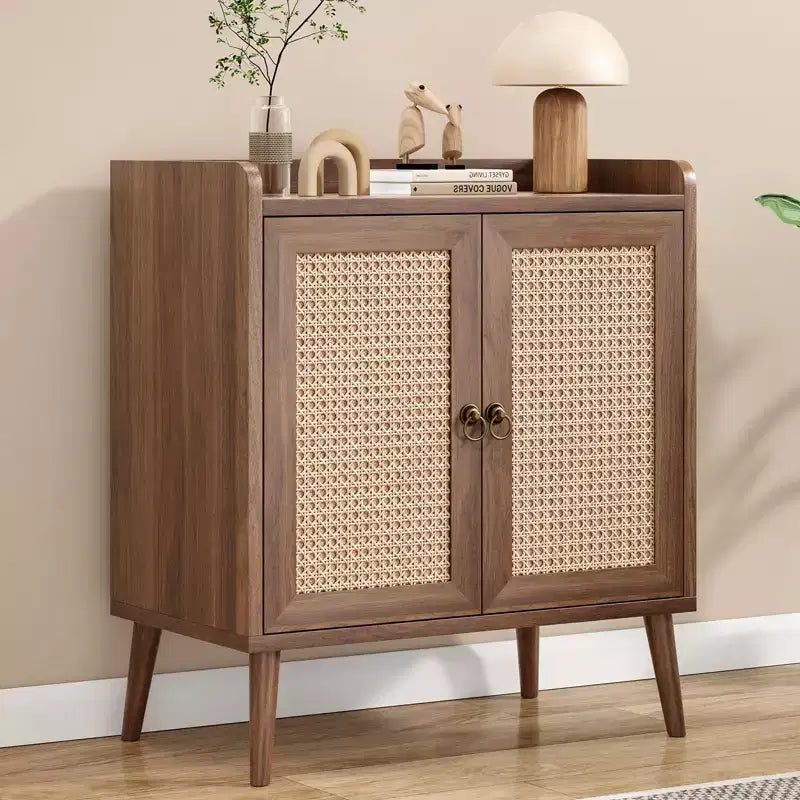 Mobile credenza per buffet, credenza da cucina con ante in rattan e striscia deflettore sul piano