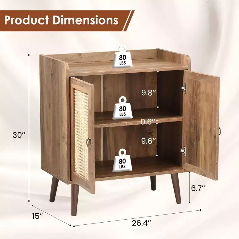 Mobile credenza per buffet, credenza da cucina con ante in rattan e striscia deflettore sul piano