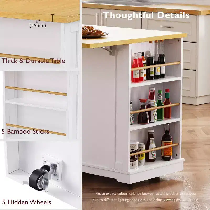 Isola da Cucina con Contenitore, Carrelli da Cucina Mobili con Piano Ribaltabile, Presa di Corrente, Ripiani, Cassetti e Ruote Bloccabili Bianco