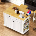 Isola da Cucina con Contenitore, Carrelli da Cucina Mobili con Piano Ribaltabile, Presa di Corrente, Ripiani, Cassetti e Ruote Bloccabili Bianco