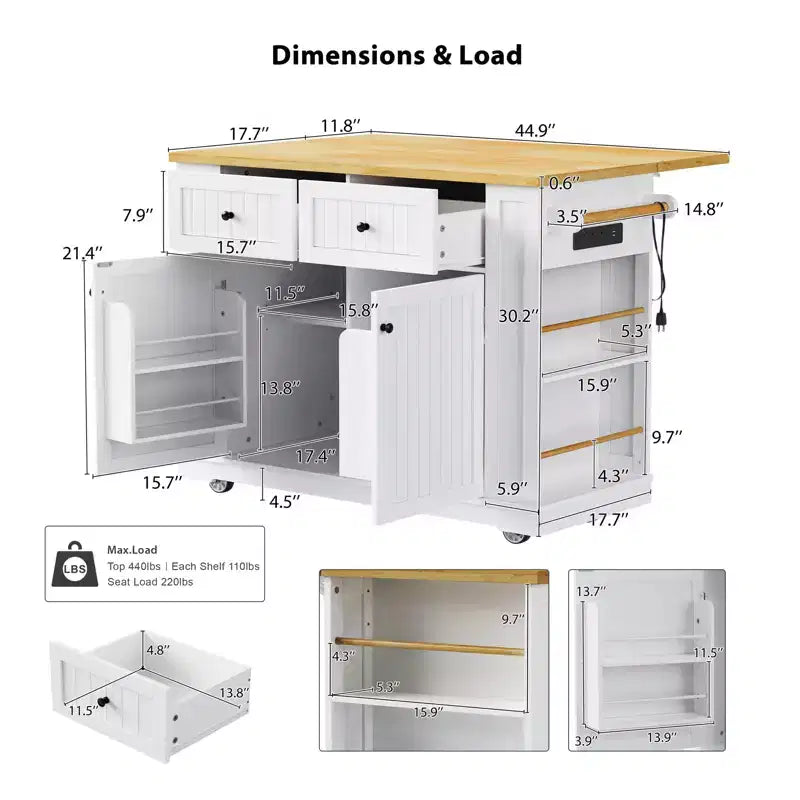 Isola da Cucina con Contenitore, Carrelli da Cucina Mobili con Piano Ribaltabile, Presa di Corrente, Ripiani, Cassetti e Ruote Bloccabili Bianco